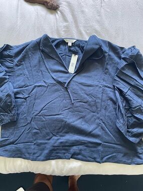 Banana Republic Navy Blue V-Neck Blouse with Tiered Puff Sleeves